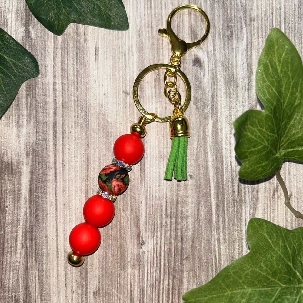 Red and Gold Beaded Keychain